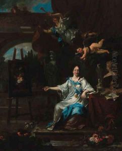 An allegorical portrait of an artist, probably Rachel Ruysch by Michiel van Musscher