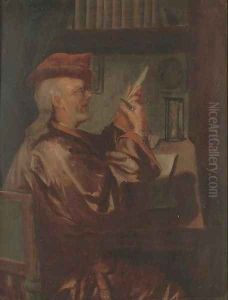 A writer sharpening his quill by Michiel van Musscher