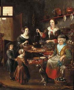The interior of a grocer's shop with a woman making pancakes by Michiel van Musscher