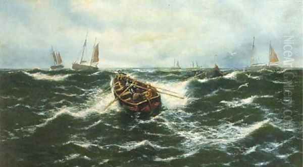 Fisherman rowing out to their boats - view 1