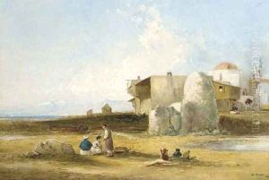 Figures before a Middle Eastern village in a mountainous lake landscape by William James Muller