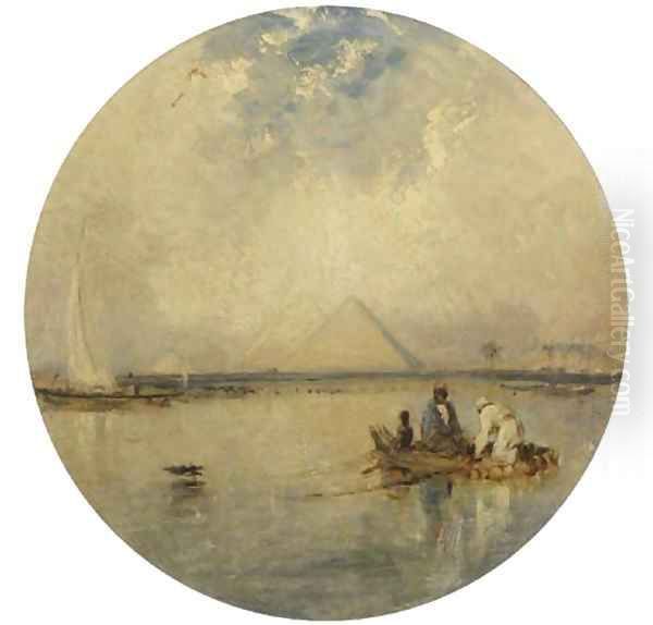 Fishing in the Nile, the pyramids beyond - view 1