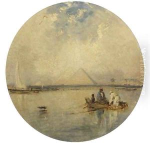 Fishing in the Nile, the pyramids beyond by William James Muller