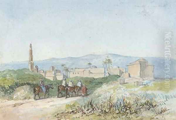 Travellers on horseback approaching a Palestinian town, possibly Lydda - view 1