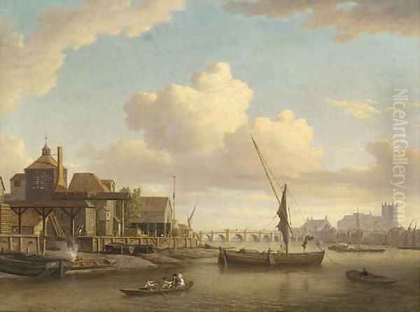 Messrs Peach and Larkin's barge building yard on the Lambeth bank of the Thames, Westminster Abbey beyond - view 1