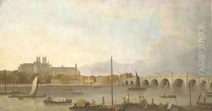 Westminster Abbey, Hall and Bridge from the Lambeth bank of the Thames