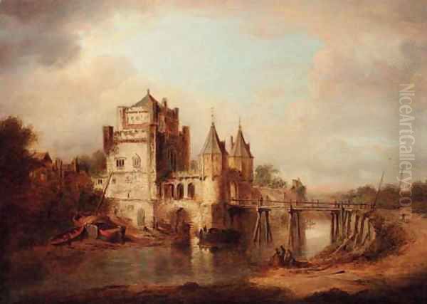 Figures resting by a river, a fortified town beyond - view 1