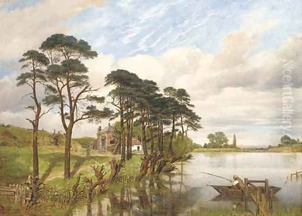 A fisherman in a lake landscape - view 1