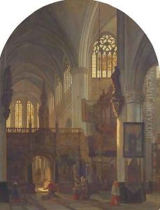 A church interior with worshippers by Cornelis Van Der Meer Mohr
