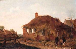 A gypsy woman with travellers by a ruined barn in a landscape by Emmanuel Murant