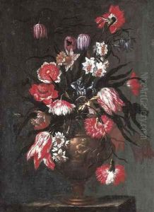 Tulips, carnations, daffodils and other flowers in a sculpted vase by Francesco Mantovano