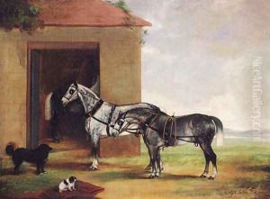 Two dapple grey Carriage Horses with Dogs outside a Stable by G. W. Miller