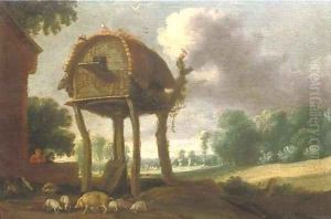 A dovecote in a wooded landscape