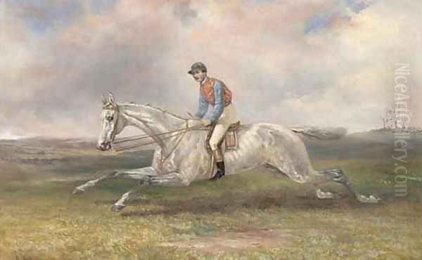 A jockey on a grey in full gallop - view 1