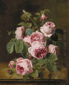 Pink roses in a glass vase on a marble edge by Vicomtesse Iphignie Decaux, Ne Milet-Moreau
