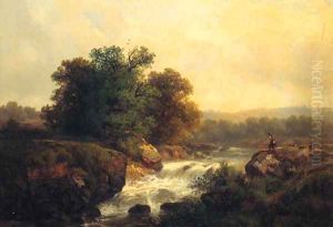 An Alpine Landscape With A Boy Standing Near A River by Karl Millner