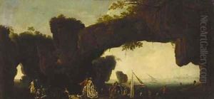 A rocky coastline with an elegant couple promenading before a natural arch and a canopied boat, Constantinople () in the distance by Domenico Marchi (Domenico Tempesta)