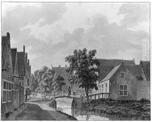 A View of the Voldersgracht in Haarlem, with a man crossing a bridge
