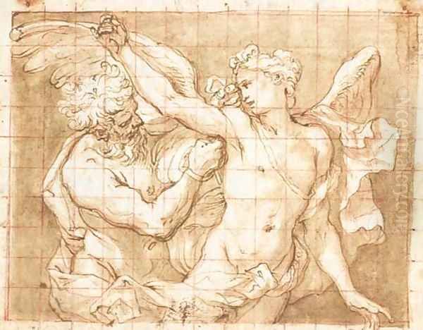 Daedalus attaching wings to Icarus - view 1