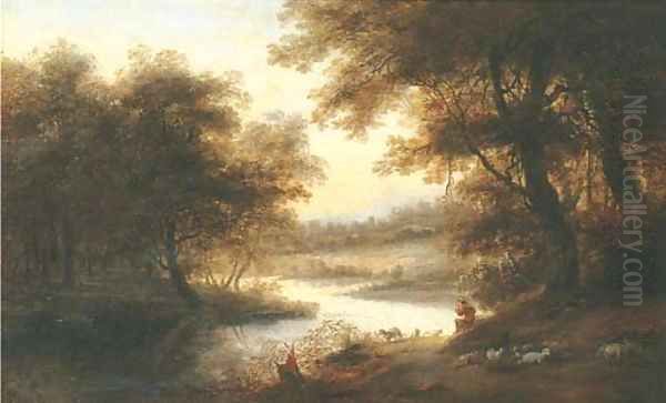 A wooded river landscape with a shepherd and his flock - view 1