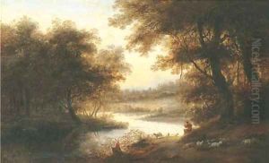 A wooded river landscape with a shepherd and his flock by Jan Marienhof