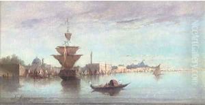 Vessels on the Venetian Lagoon, a capriccio by Louis Mayer
