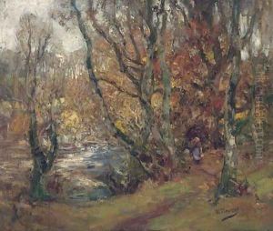 A figure in a wooded river landscape by William Mouncey