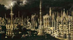 An architectural fantasy with artists sketching by Francois de Nome (Monsu, Desiderio)