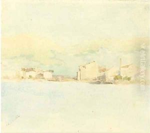 A seascape with houses in the background by Giuseppe de Nittis