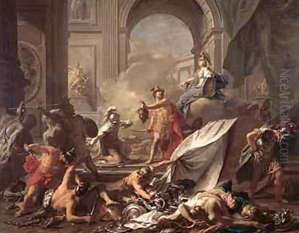 Perseus under the protection of Minerva turns Phineus to stone by brandishing the head of Medusa - view 1