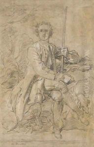 Portrait of Jean-Baptiste Le Gobien, seigneur de Saint-Jouan, holding a gun, seated, with two dogs