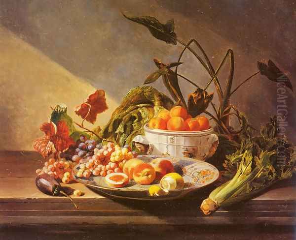 A Still Life With Fruit And Vegetables On A Table by David Emil Joseph de Noter