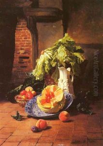 A Still Life With A White Porcelain Pitcher, Fruit And Vegetables by David Emil Joseph de Noter