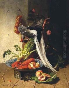 A kitchen still life with a pheasant, a lobster, various fruits and vegetables
