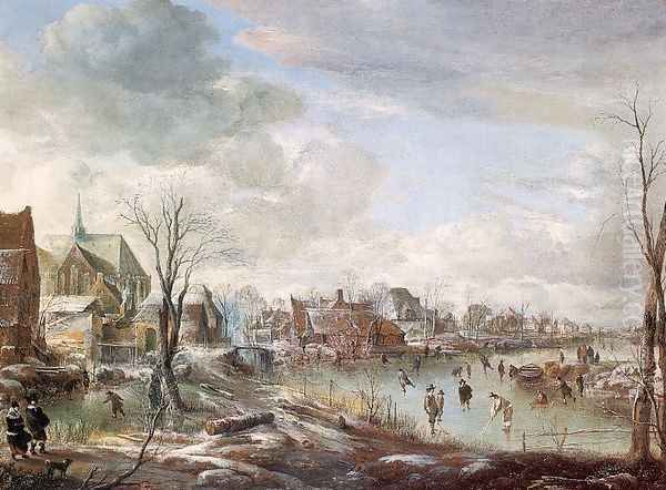 A Frozen River near a Village, with Golfers and Skaters 1648 by Aert van der Neer