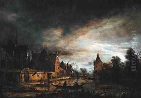 A Moonlit Village Landscape with Two Men in a Boat - view 1