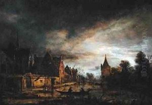 A Moonlit Village Landscape with Two Men in a Boat