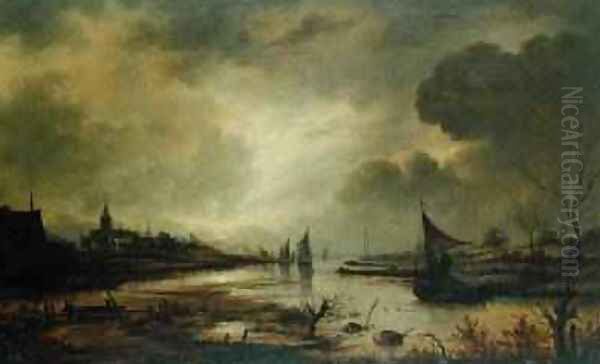 Dutch Town on a River by Moonlight - view 1