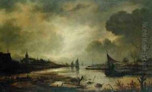 Dutch Town on a River by Moonlight