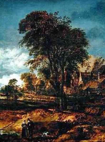 Moonlit wooded landscape with a couple conversing - view 1