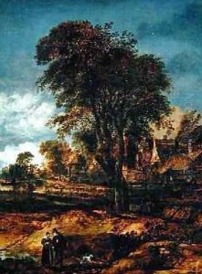 Moonlit wooded landscape with a couple conversing