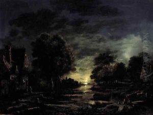 A moonlight river landscdape with two men resting on the bank