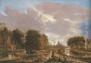 A wooded landscape with peasants conversing on a road by a canal, a cottage to the left, a town beyond