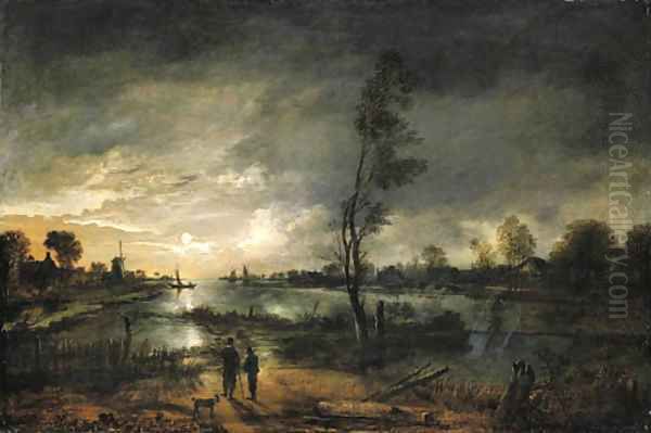A moonlit river landscape with figures and a town beyond - view 1