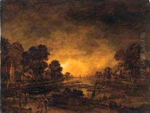A moonlit riverlandscape with a driver and cattle on a track, a castle and a village beyond