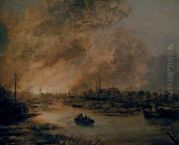A river landscape at night with a rowing boat, a burning city beyond - view 1