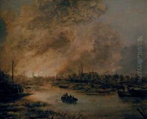 A river landscape at night with a rowing boat, a burning city beyond