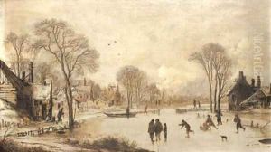 Skaters on a frozen canal by a village