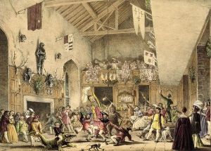 Twelfth Night Revels in the Great Hall Haddon Hall Derbyshire from Architecture of the Middle Ages 1838 by Joseph Nash
