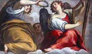 Musical Angels with a Cymbal and a Harp by Palma Vecchio (Jacopo Negretti)